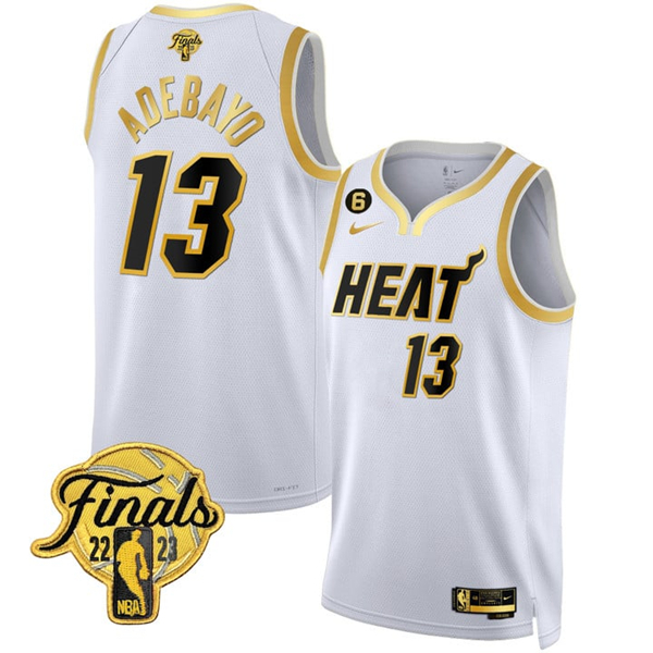 Men's Miami Heat #13 Bam Adebayo White Gold Edition 2023 Finals Collection With NO.6 Patch Stitched Basketball Jersey Men's Miami Heat #13 Bam Adebayo White Gold Edition 2023 Finals Collection With NO.6 Patch Stitched Basketball Jersey
